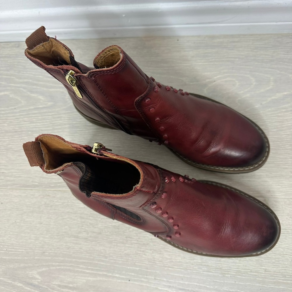 Pikolinos Chelsea Ankle Boots Womens 39 Burgundy Studded Leather Zip Lug Sole - Picture 4 of 10